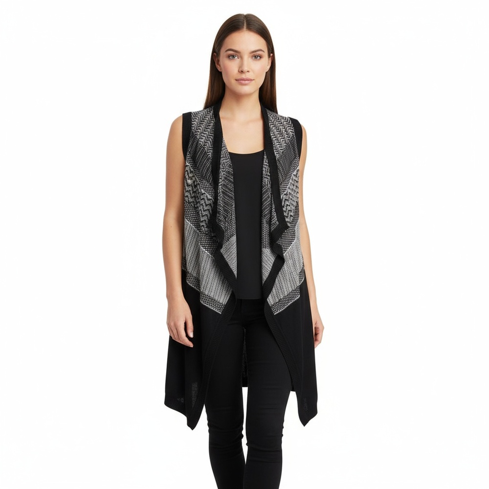 Banana‎ Republic Factory Women Black Gray Geometric Knit Sleeveless Cardigan